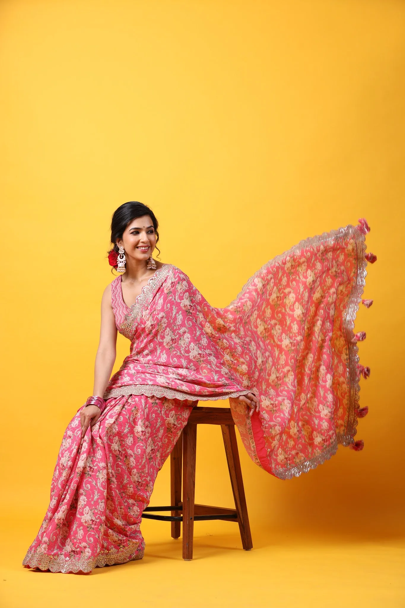 90Z679-RO Light Pink Floral Georgette Saree with Scalloped Border