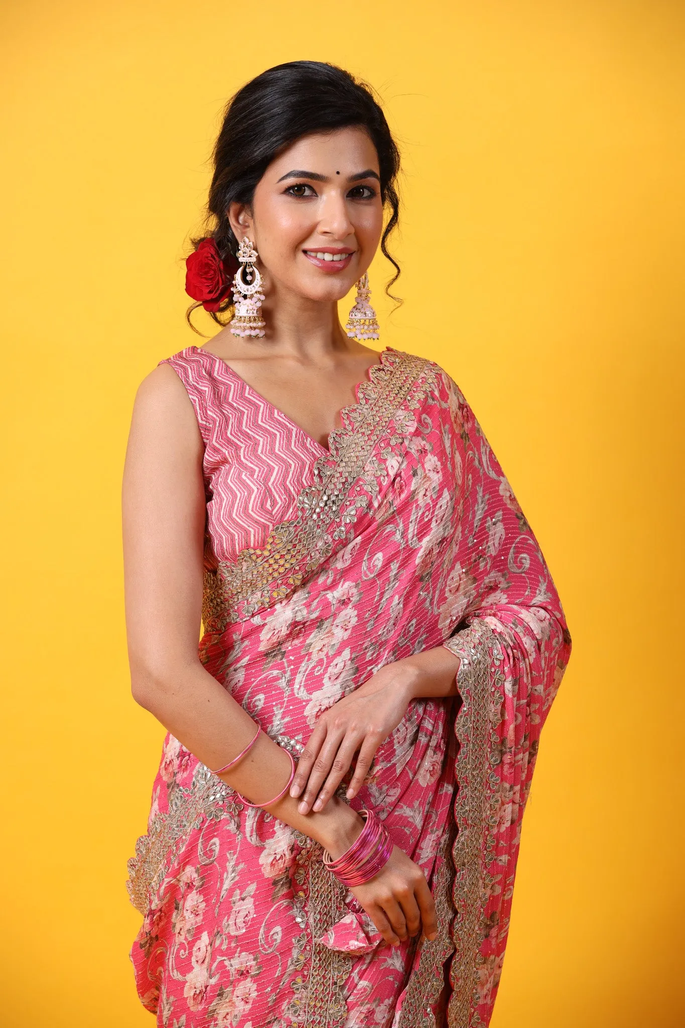 90Z679-RO Light Pink Floral Georgette Saree with Scalloped Border