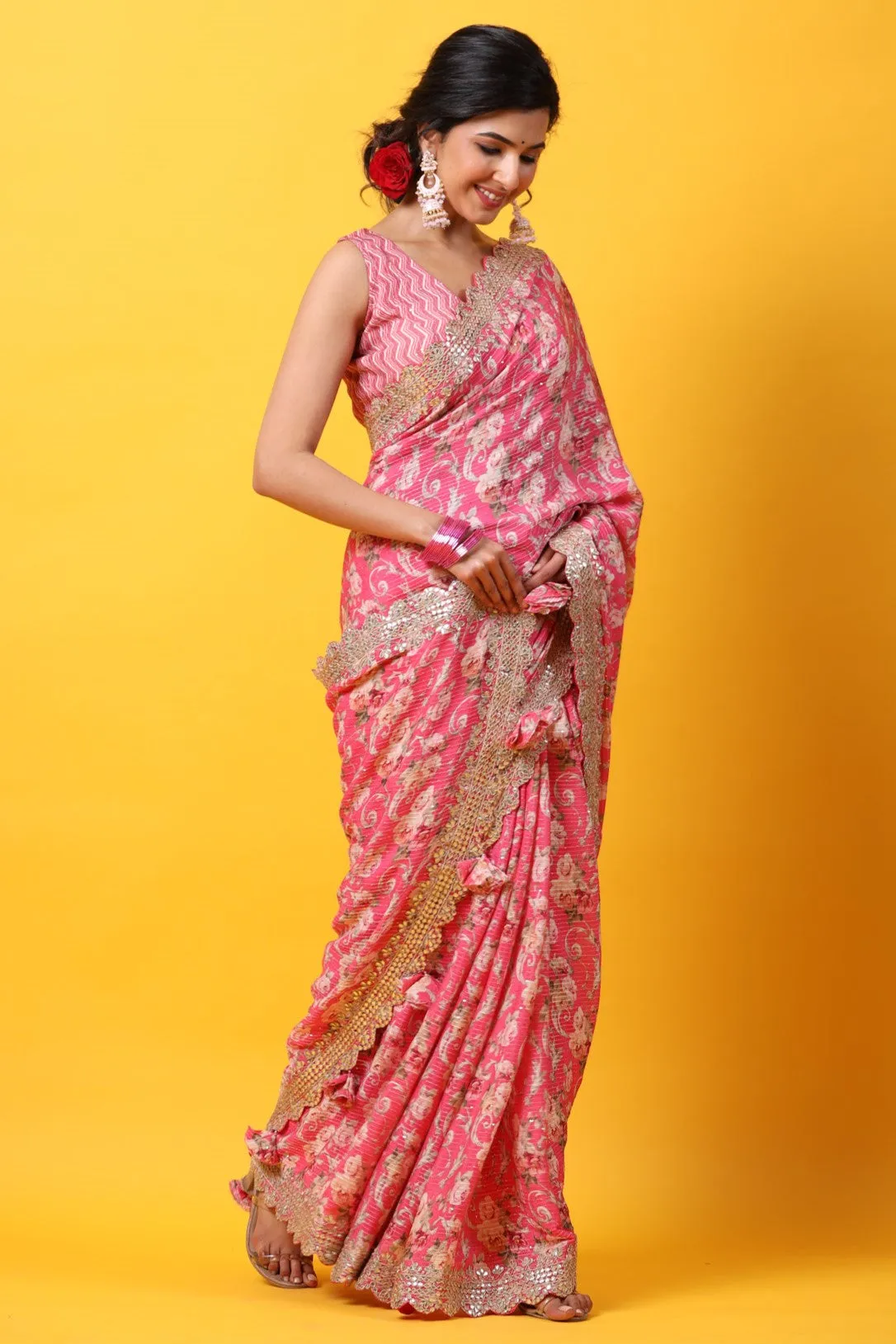 90Z679-RO Light Pink Floral Georgette Saree with Scalloped Border