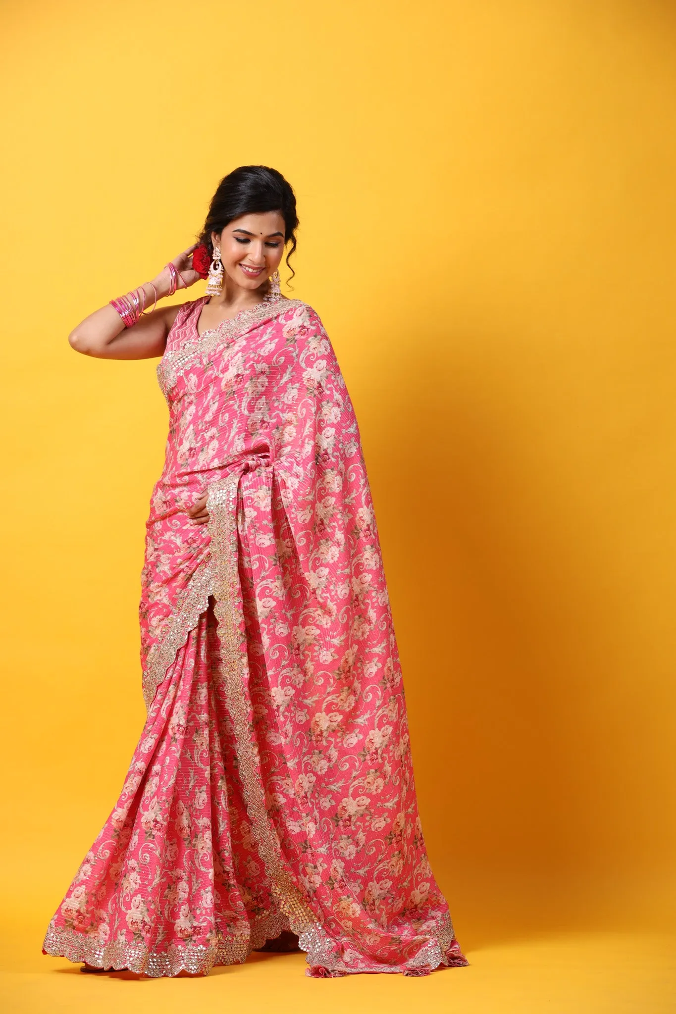 90Z679-RO Light Pink Floral Georgette Saree with Scalloped Border