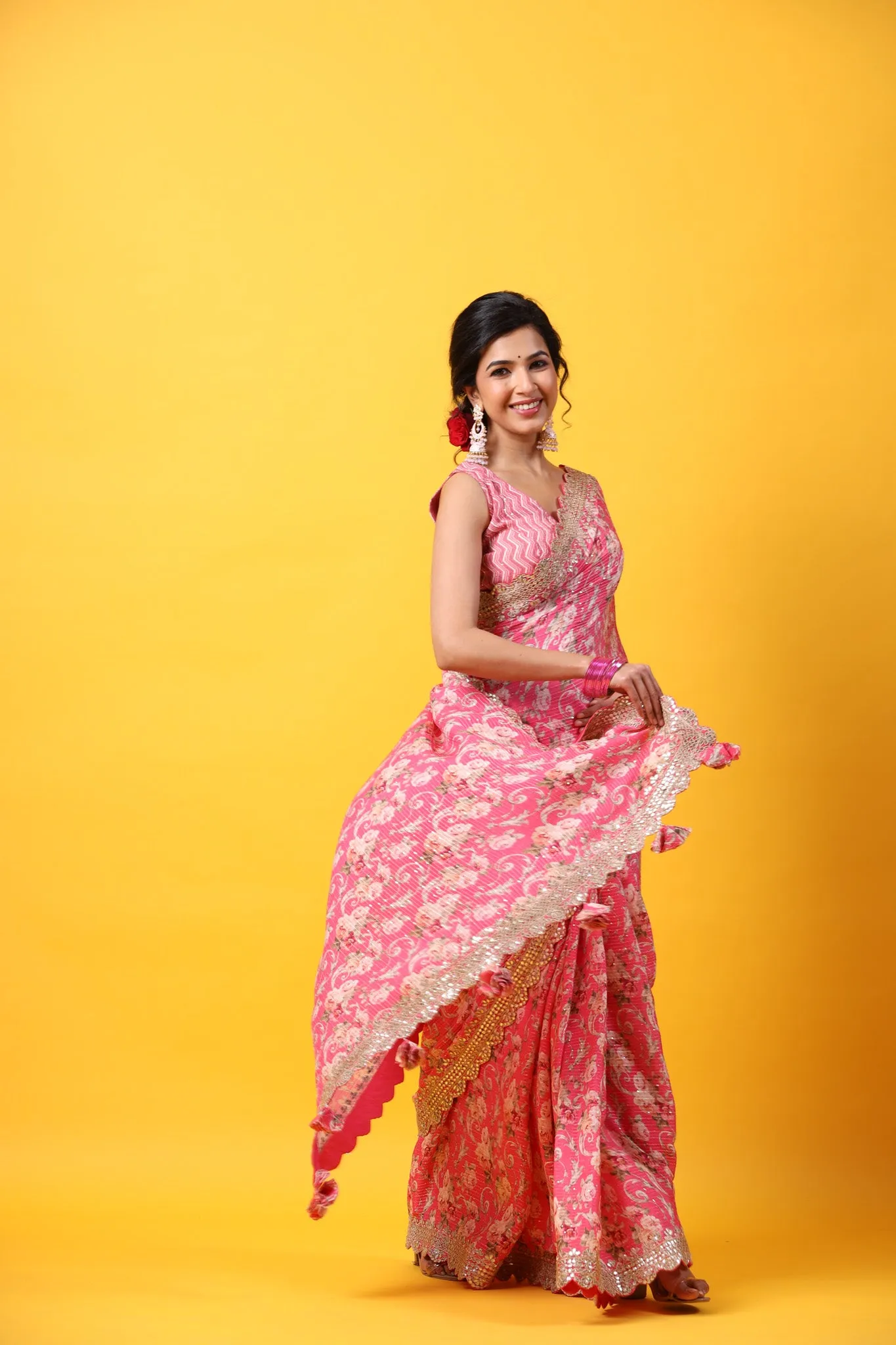 90Z679-RO Light Pink Floral Georgette Saree with Scalloped Border