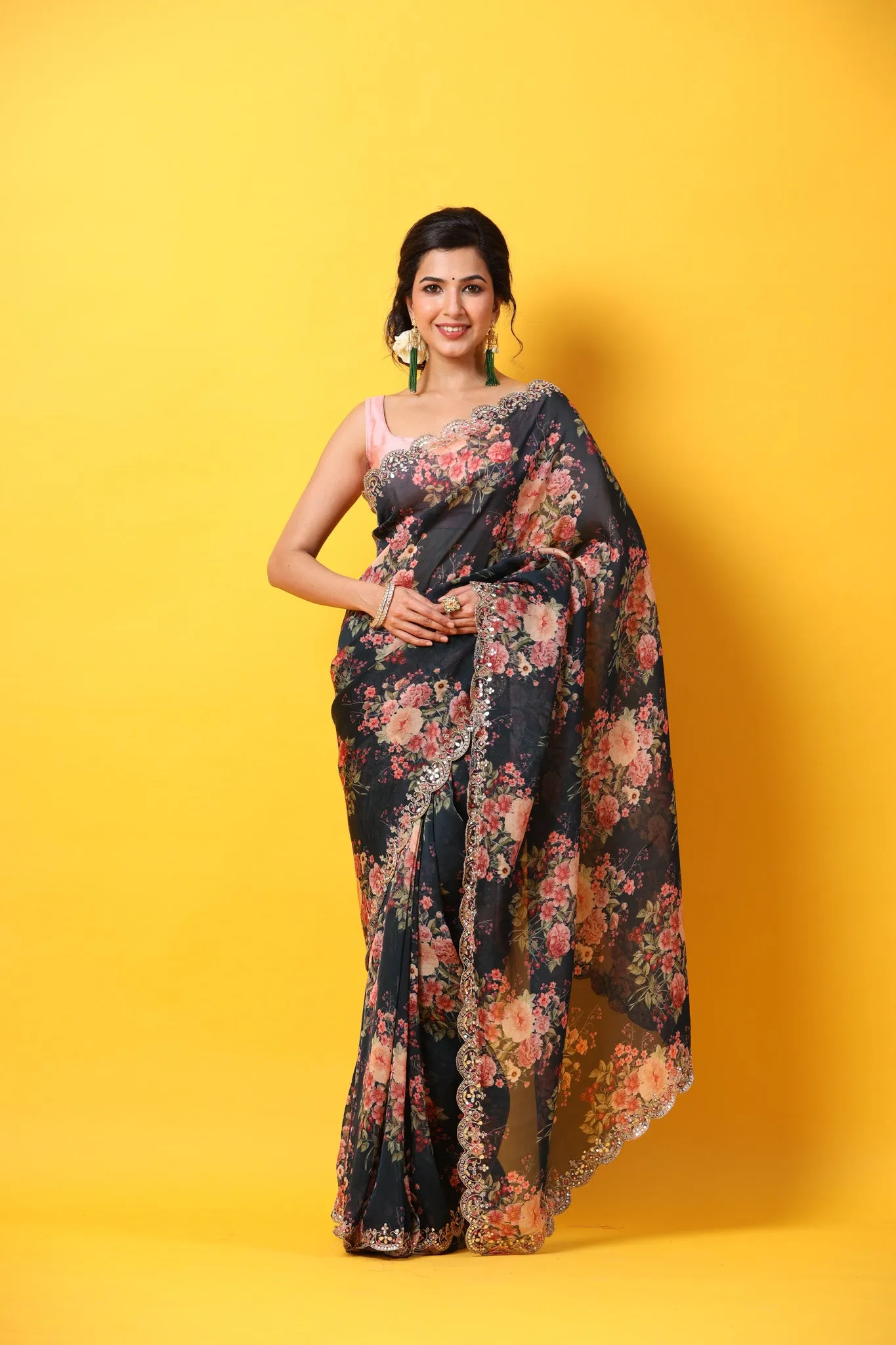 90Z683-NRO Black Floral Organza Silk Saree with Scalloped Border