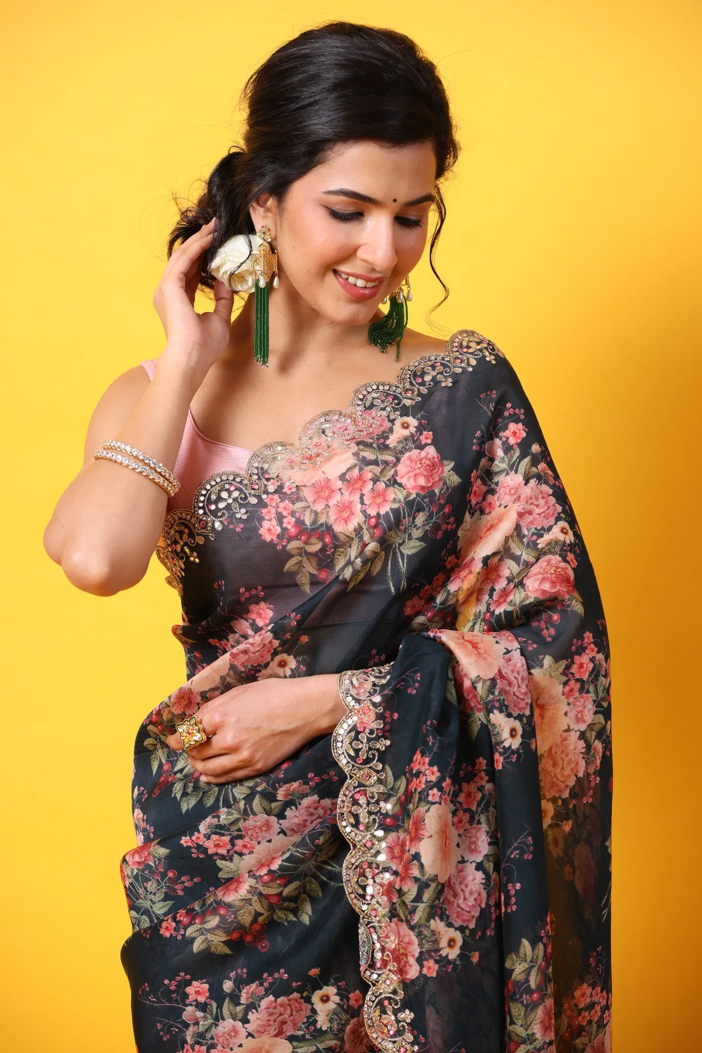 90Z683-NRO Black Floral Organza Silk Saree with Scalloped Border