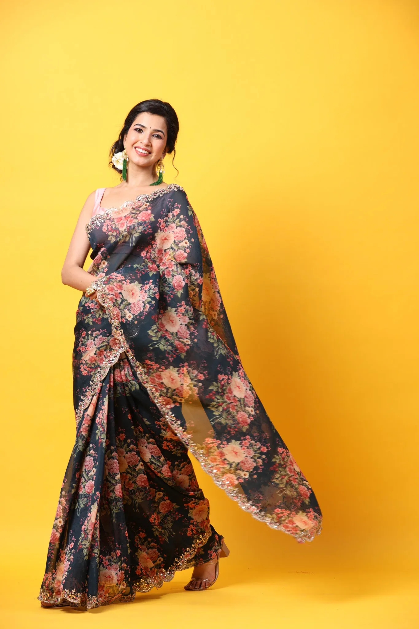 90Z683-NRO Black Floral Organza Silk Saree with Scalloped Border