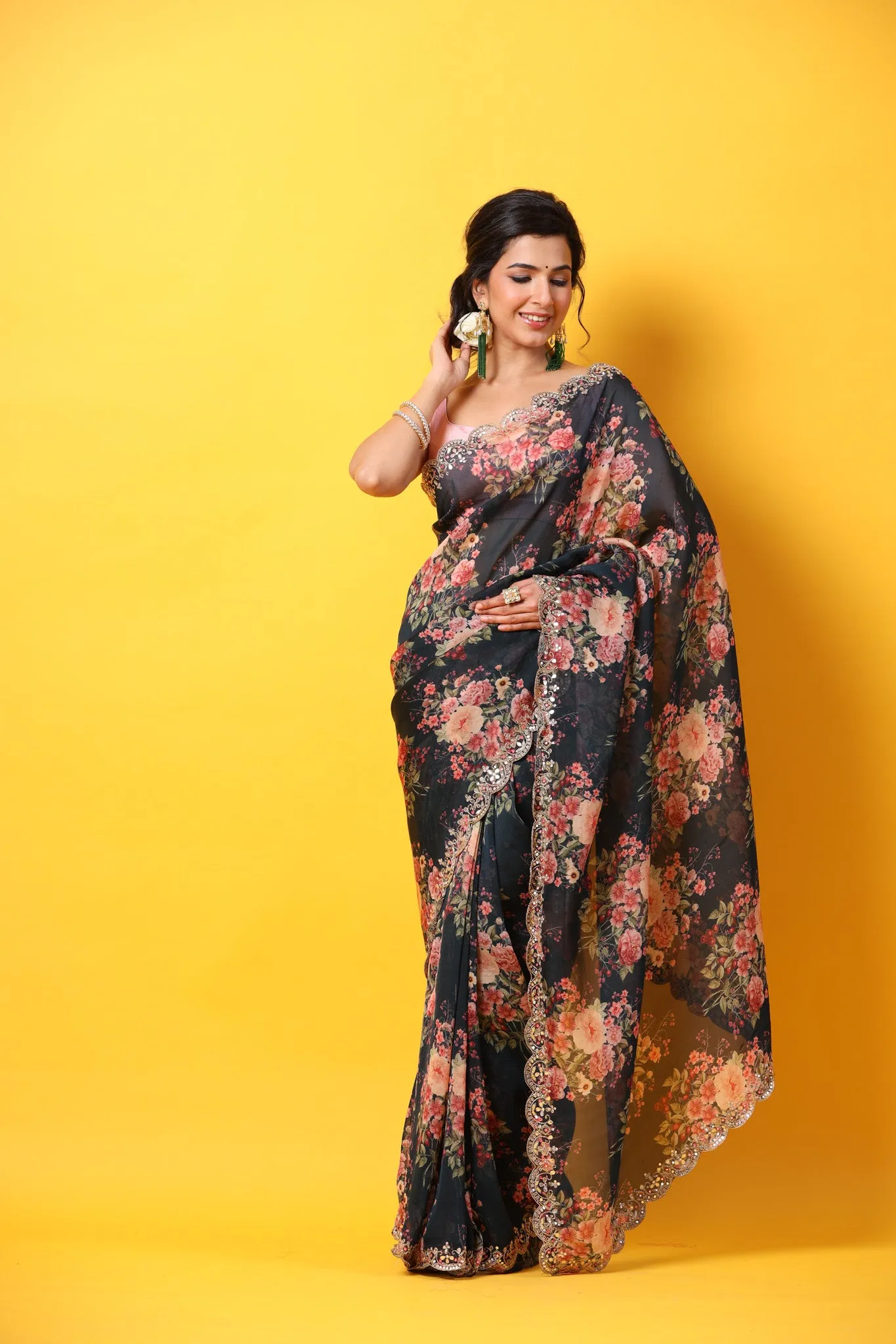 90Z683-NRO Black Floral Organza Silk Saree with Scalloped Border