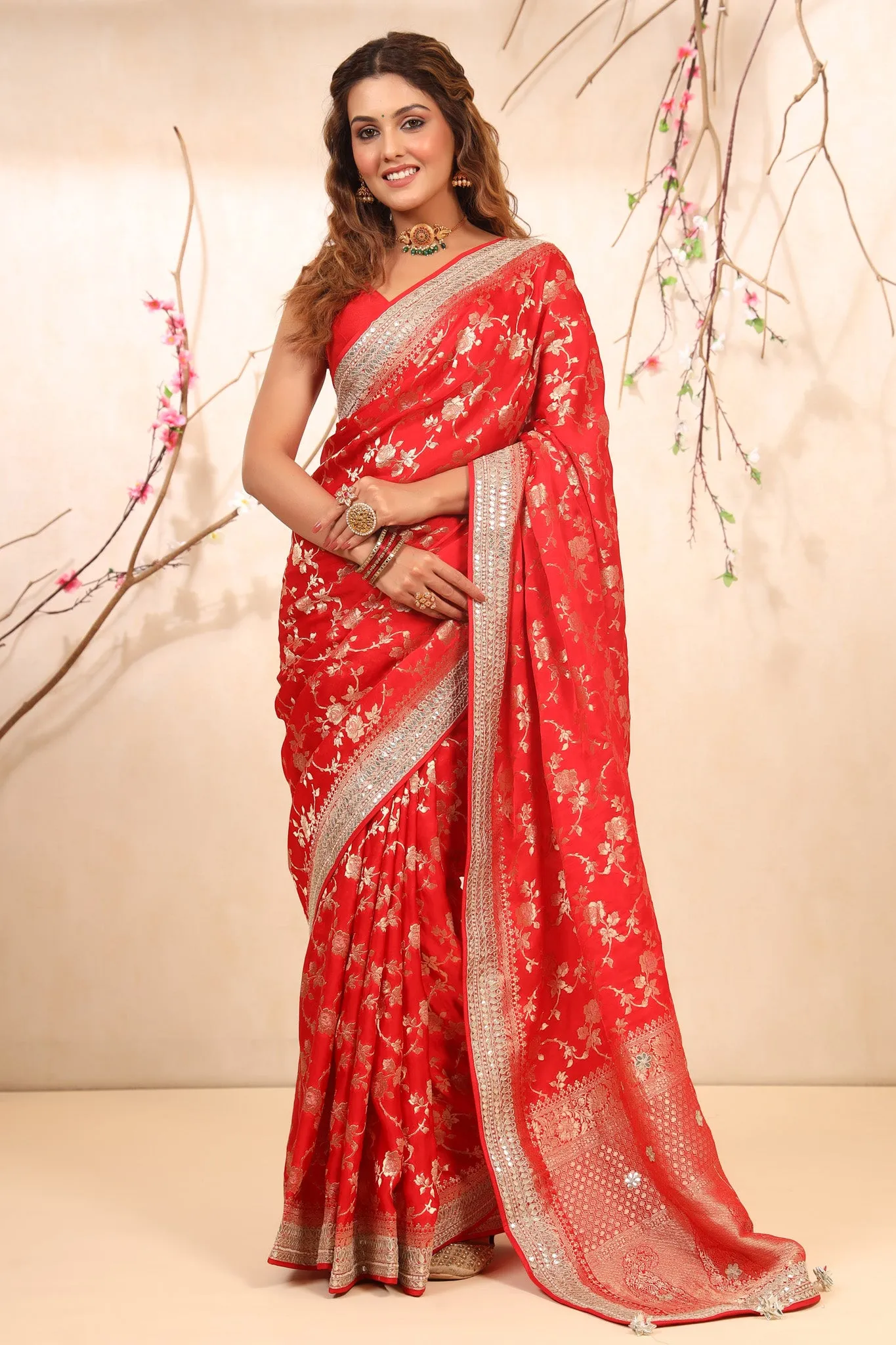 90Z716-NRO Red Embroidered Banarasi Khaddi Sari