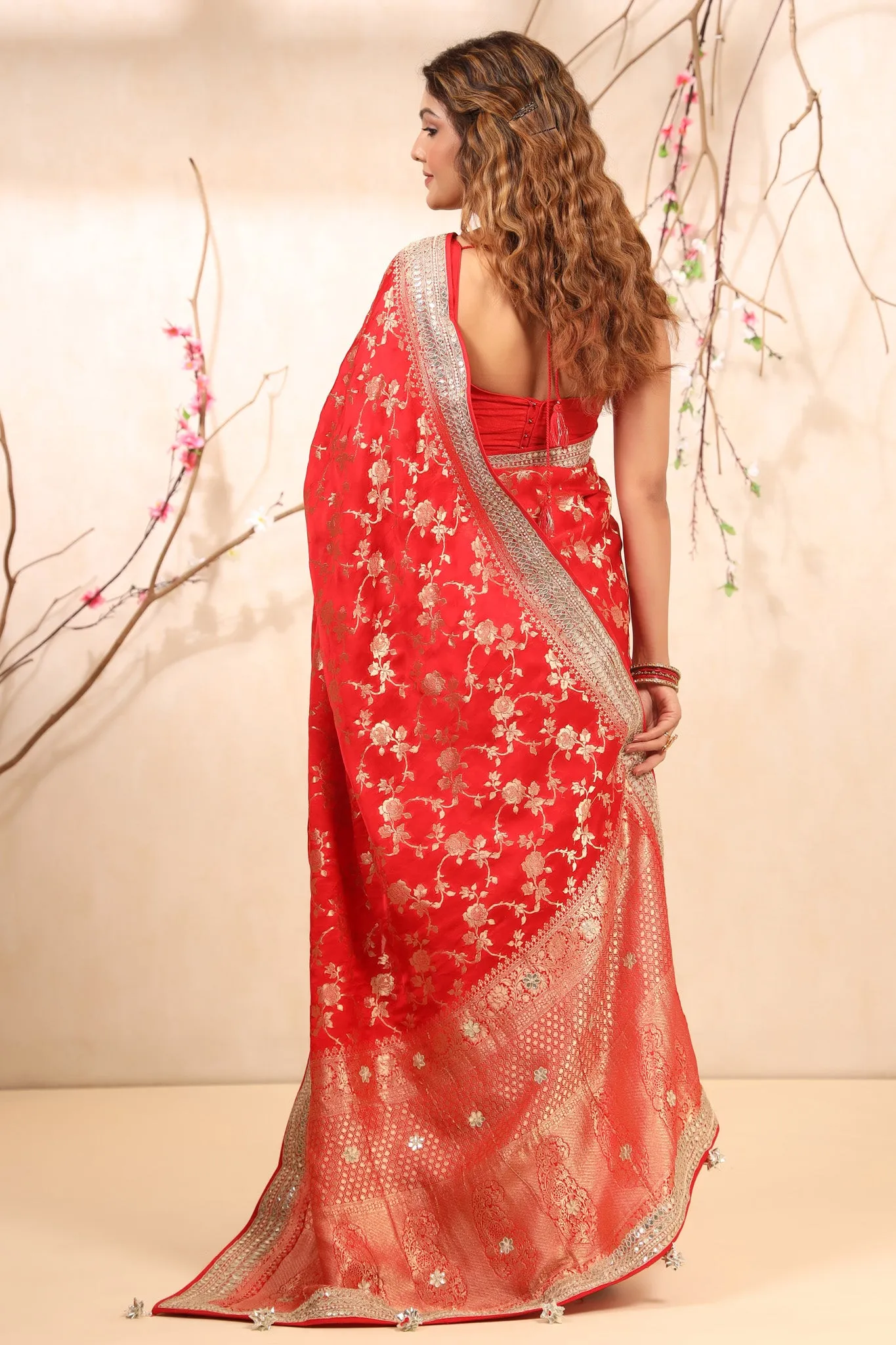 90Z716-NRO Red Embroidered Banarasi Khaddi Sari