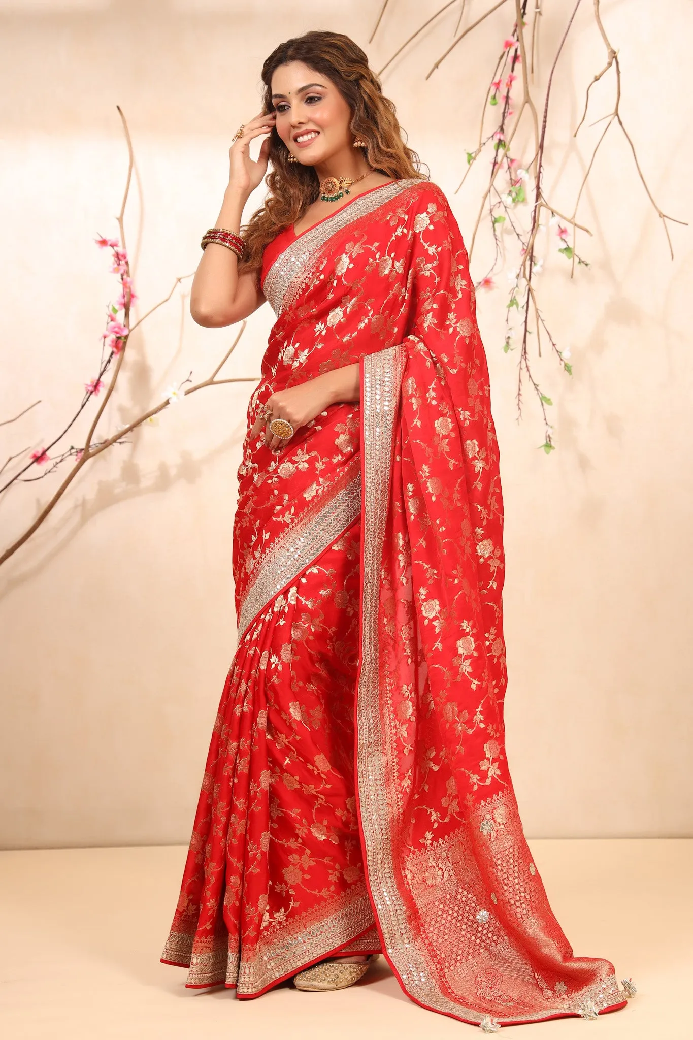 90Z716-NRO Red Embroidered Banarasi Khaddi Sari