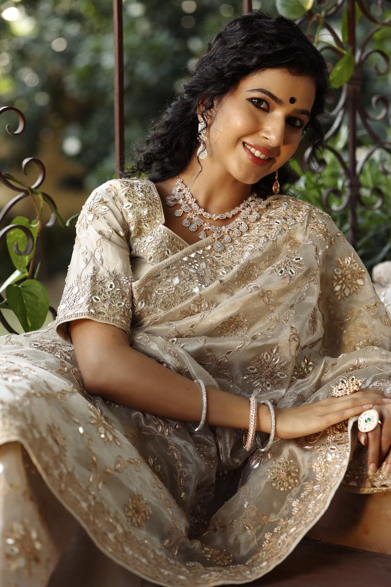 90Z734-RO Cream Heavy Embroidery Organza Silk Sari with Blouse