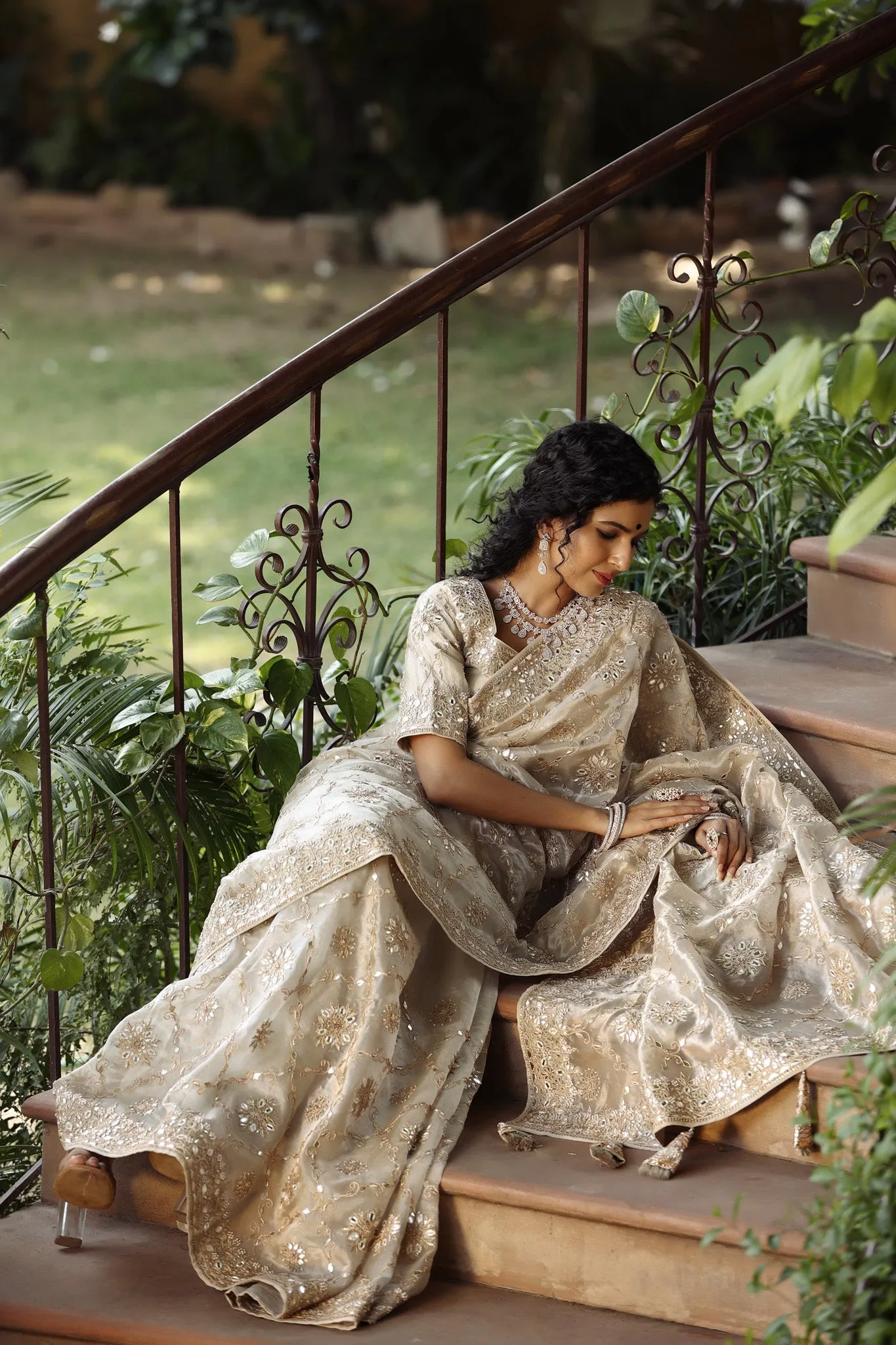 90Z734-RO Cream Heavy Embroidery Organza Silk Sari with Blouse