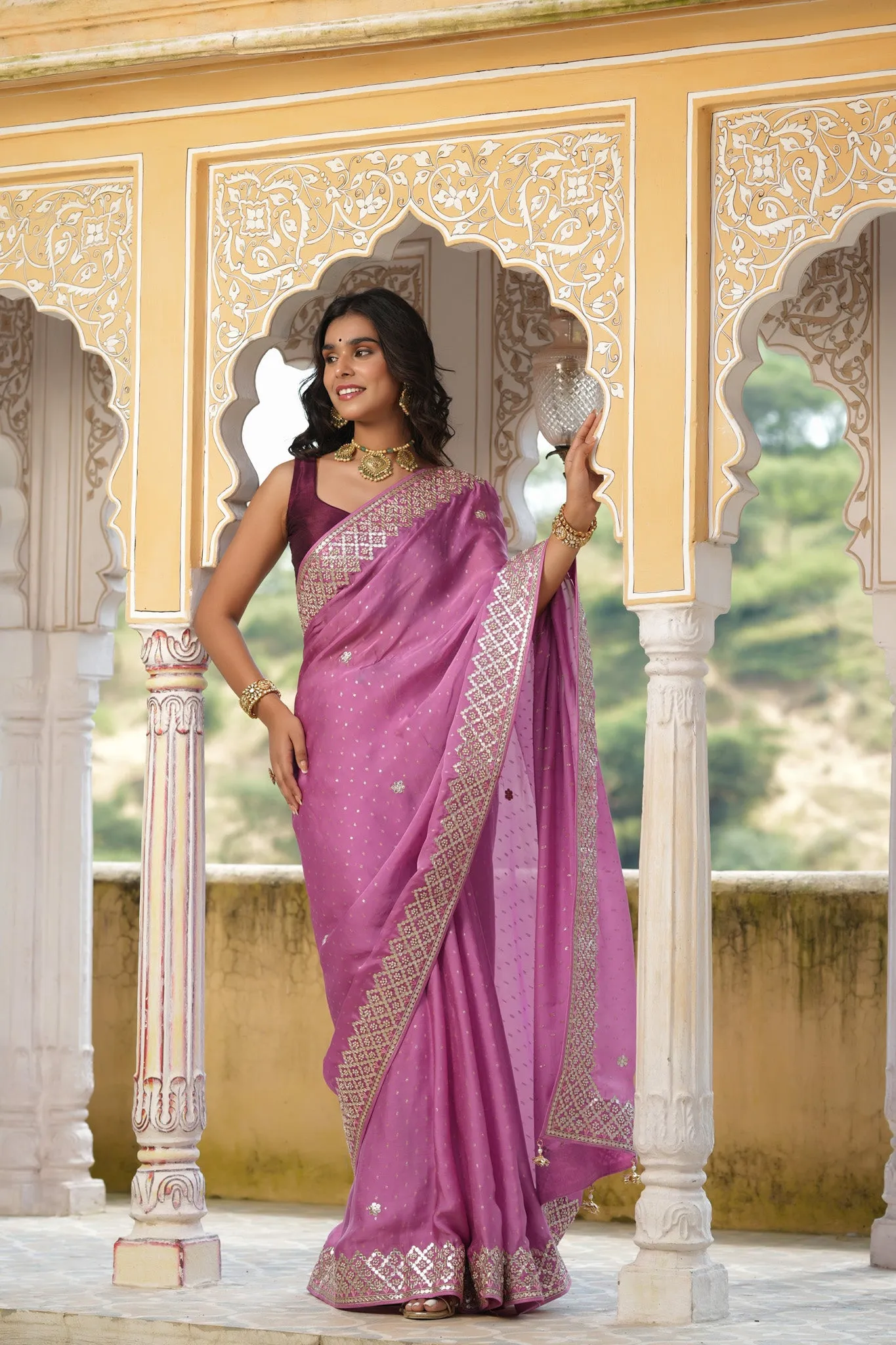 90Z742-RO Mauve Tussar Georgette Saree with Embroidered Border