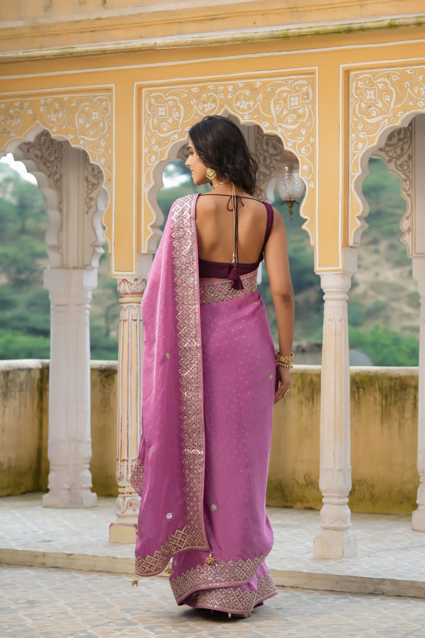 90Z742-RO Mauve Tussar Georgette Saree with Embroidered Border