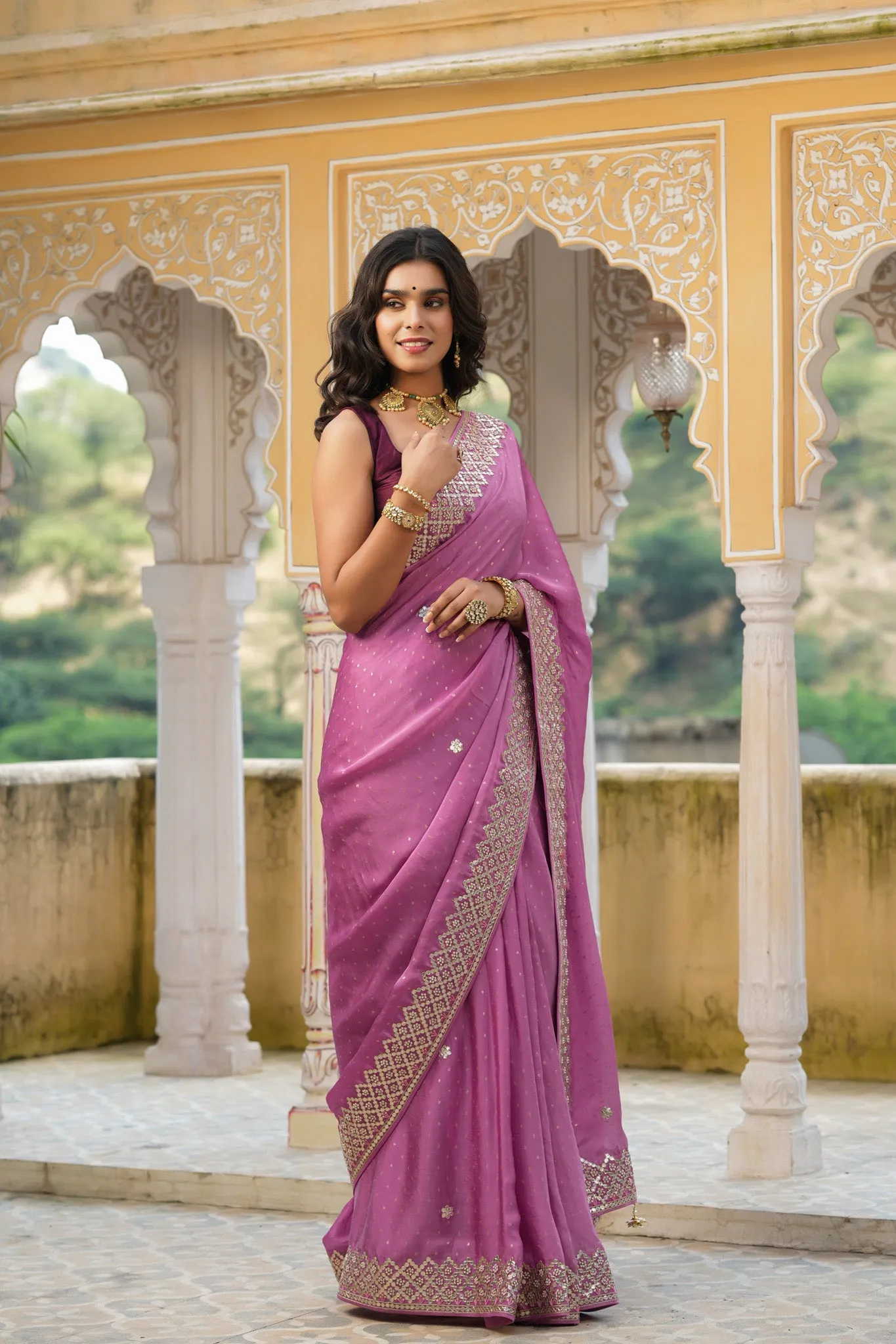 90Z742-RO Mauve Tussar Georgette Saree with Embroidered Border