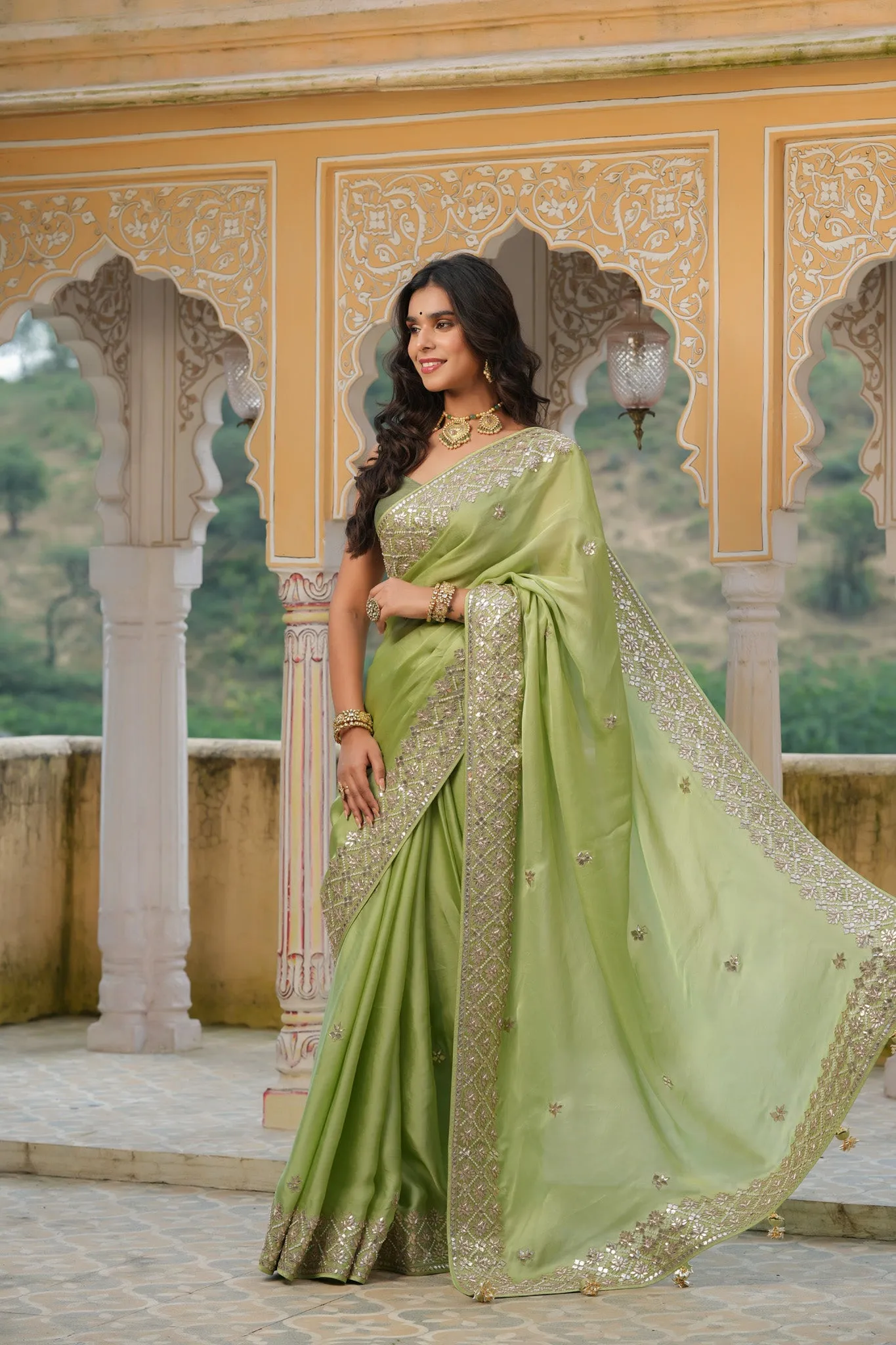 90Z763-RO Pista Green Embroidered Tussar Georgette Sari