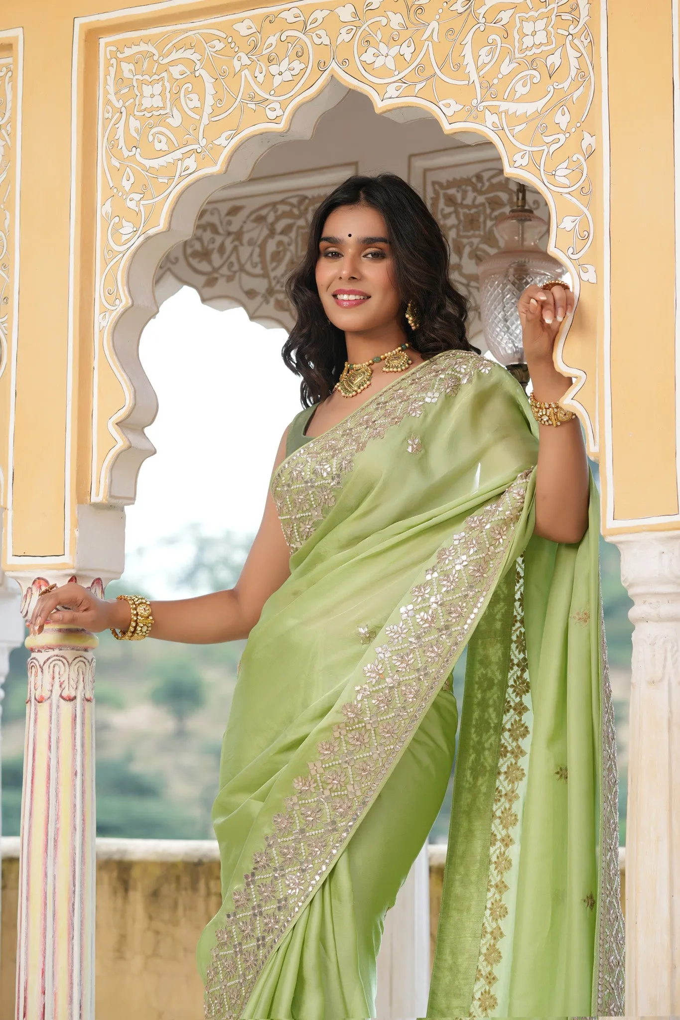 90Z763-RO Pista Green Embroidered Tussar Georgette Sari