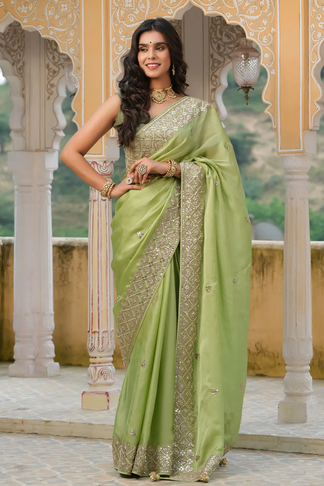 90Z763-RO Pista Green Embroidered Tussar Georgette Sari