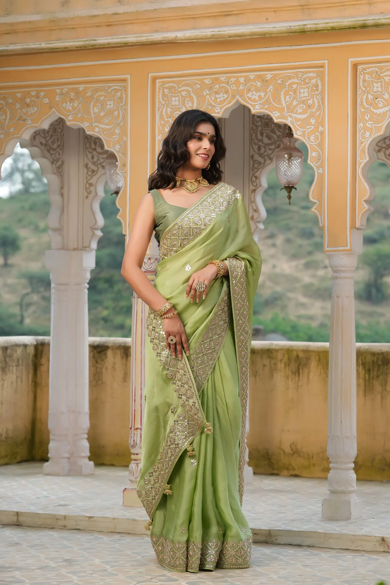 90Z763-RO Pista Green Embroidered Tussar Georgette Sari