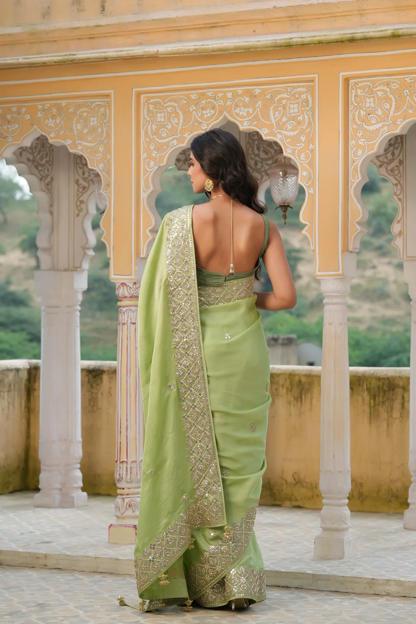 90Z763-RO Pista Green Embroidered Tussar Georgette Sari