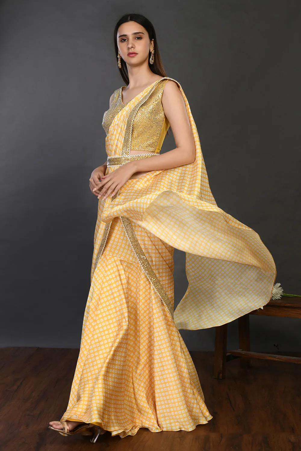 90Z945-RO Yellow Drape saree with Little White Polkas