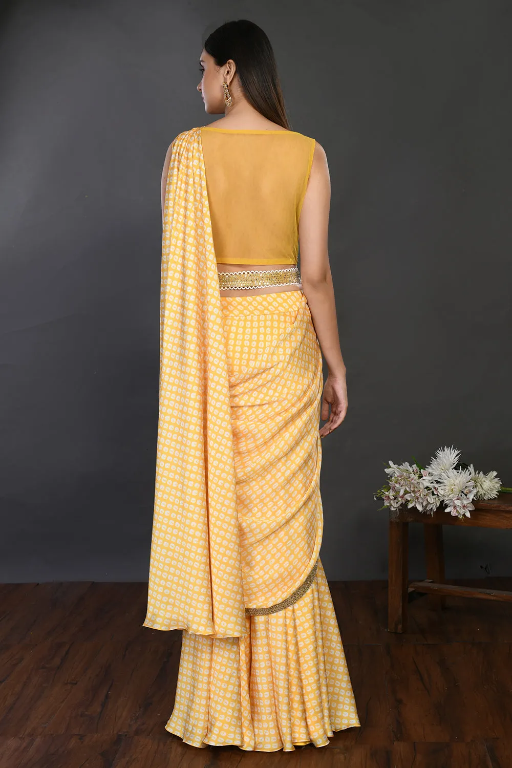 90Z945-RO Yellow Drape saree with Little White Polkas