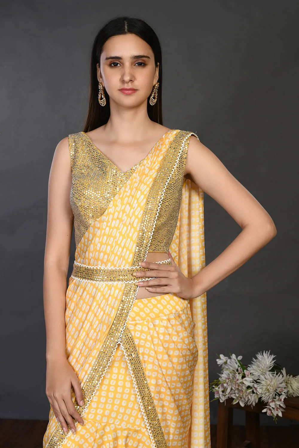 90Z945-RO Yellow Drape saree with Little White Polkas