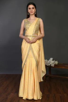 90Z945-RO Yellow Drape saree with Little White Polkas