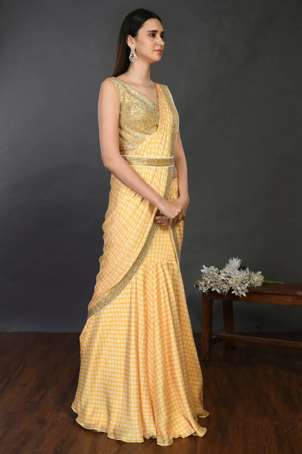 90Z945-RO Yellow Drape saree with Little White Polkas