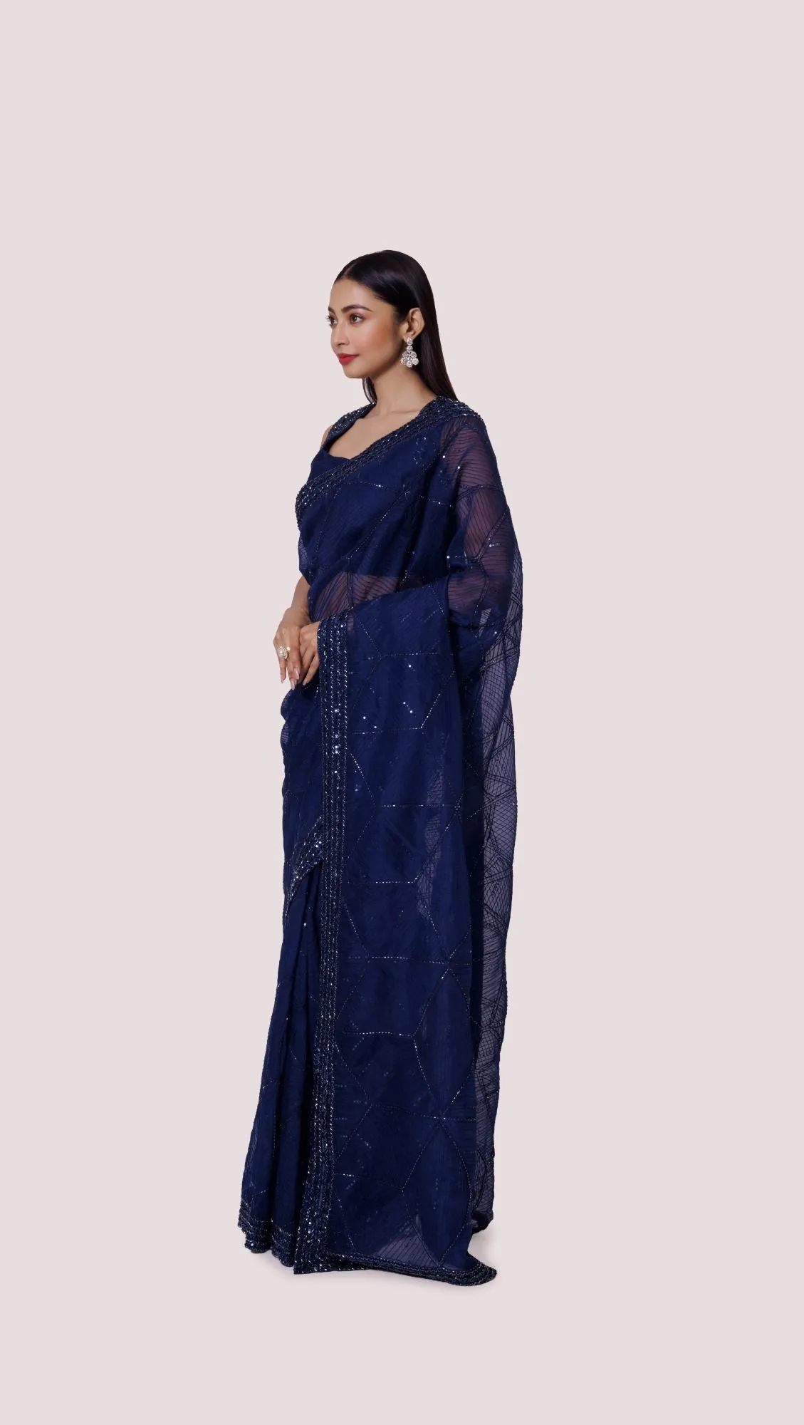 90Z972-RO Navy Blue Organza Saree With Sleevelss Blouse