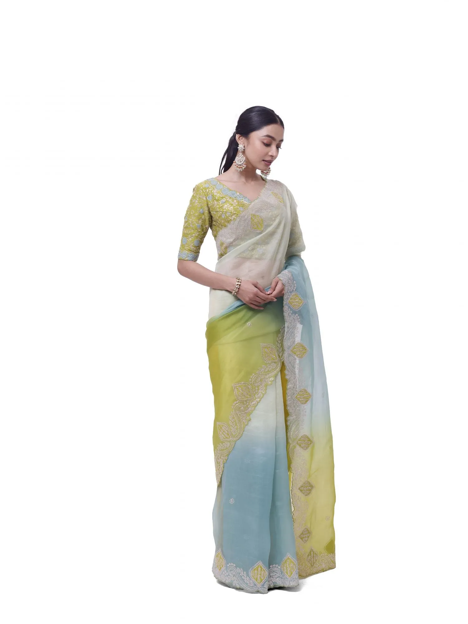 90Z994-RO Green Aqua Embroidered Organza Saree with Blouse