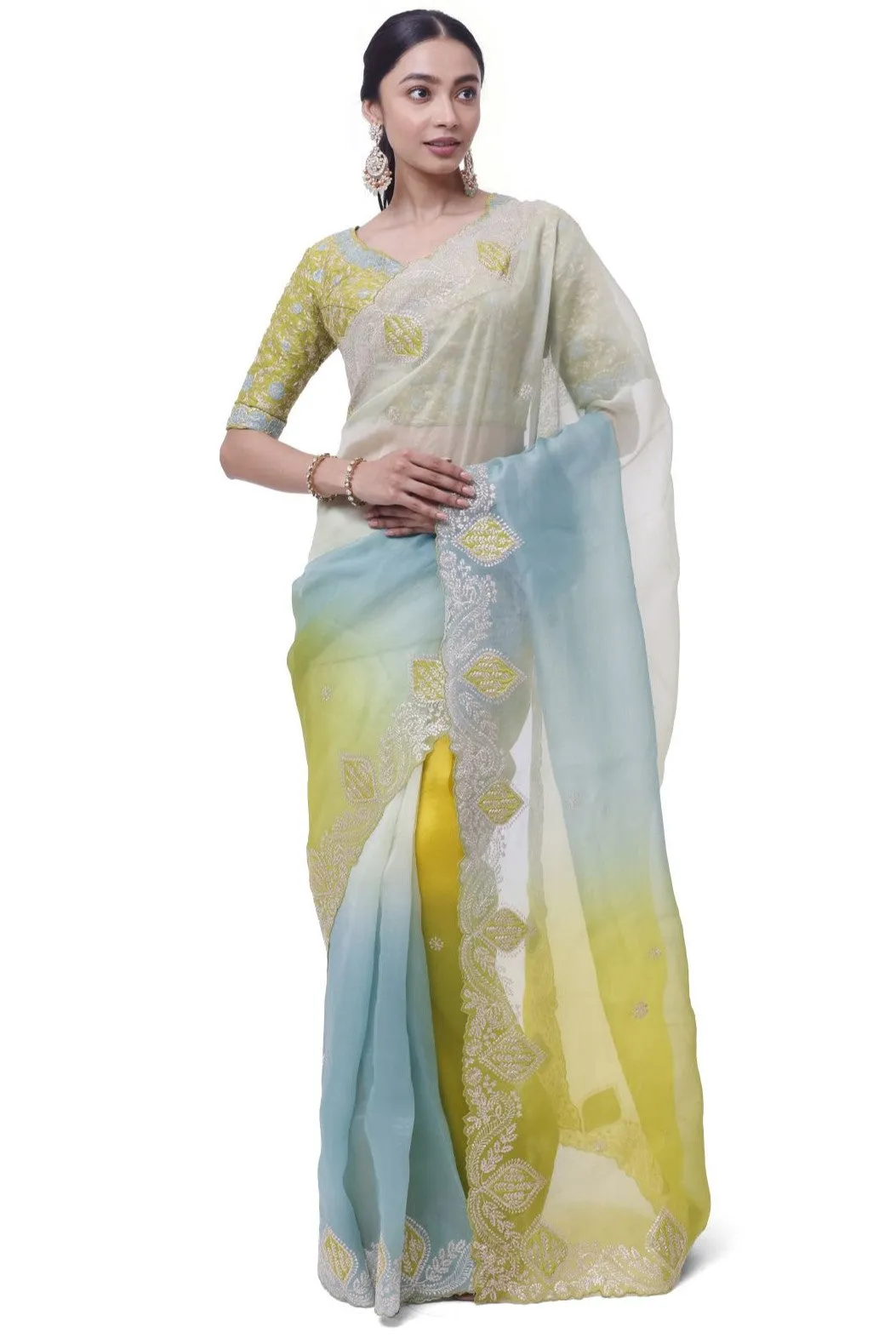 90Z994-RO Green Aqua Embroidered Organza Saree with Blouse