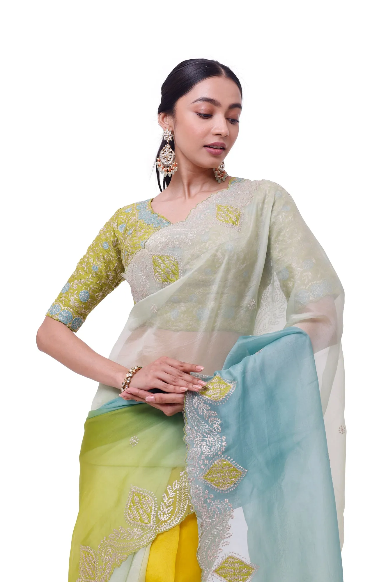 90Z994-RO Green Aqua Embroidered Organza Saree with Blouse