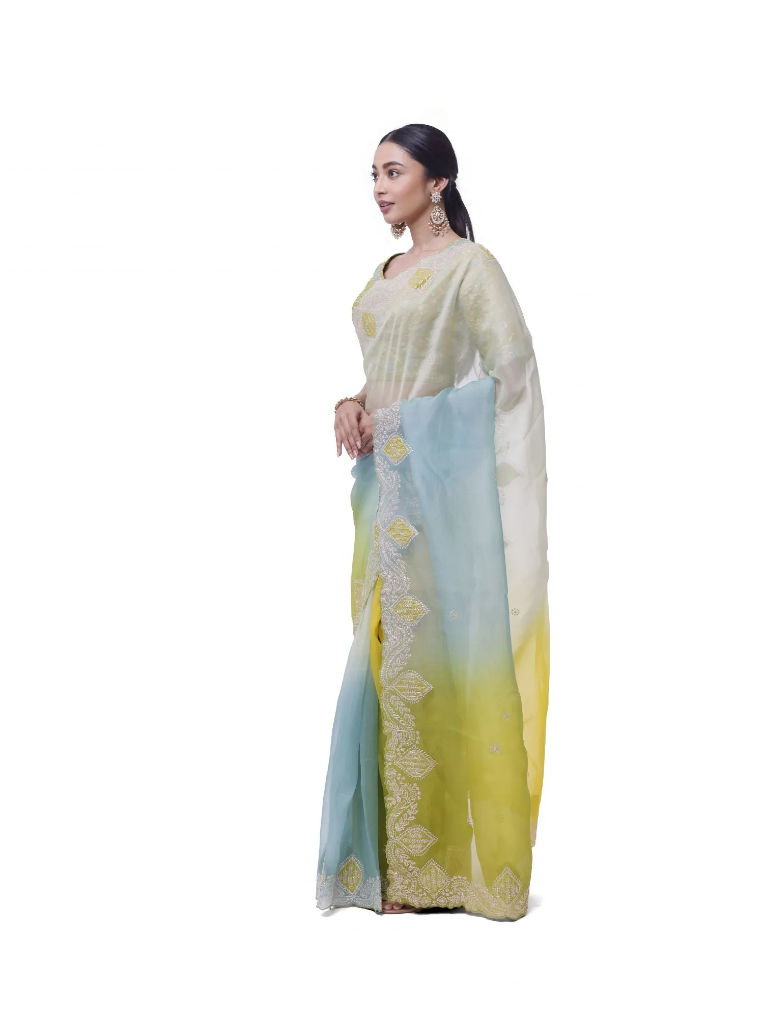 90Z994-RO Green Aqua Embroidered Organza Saree with Blouse