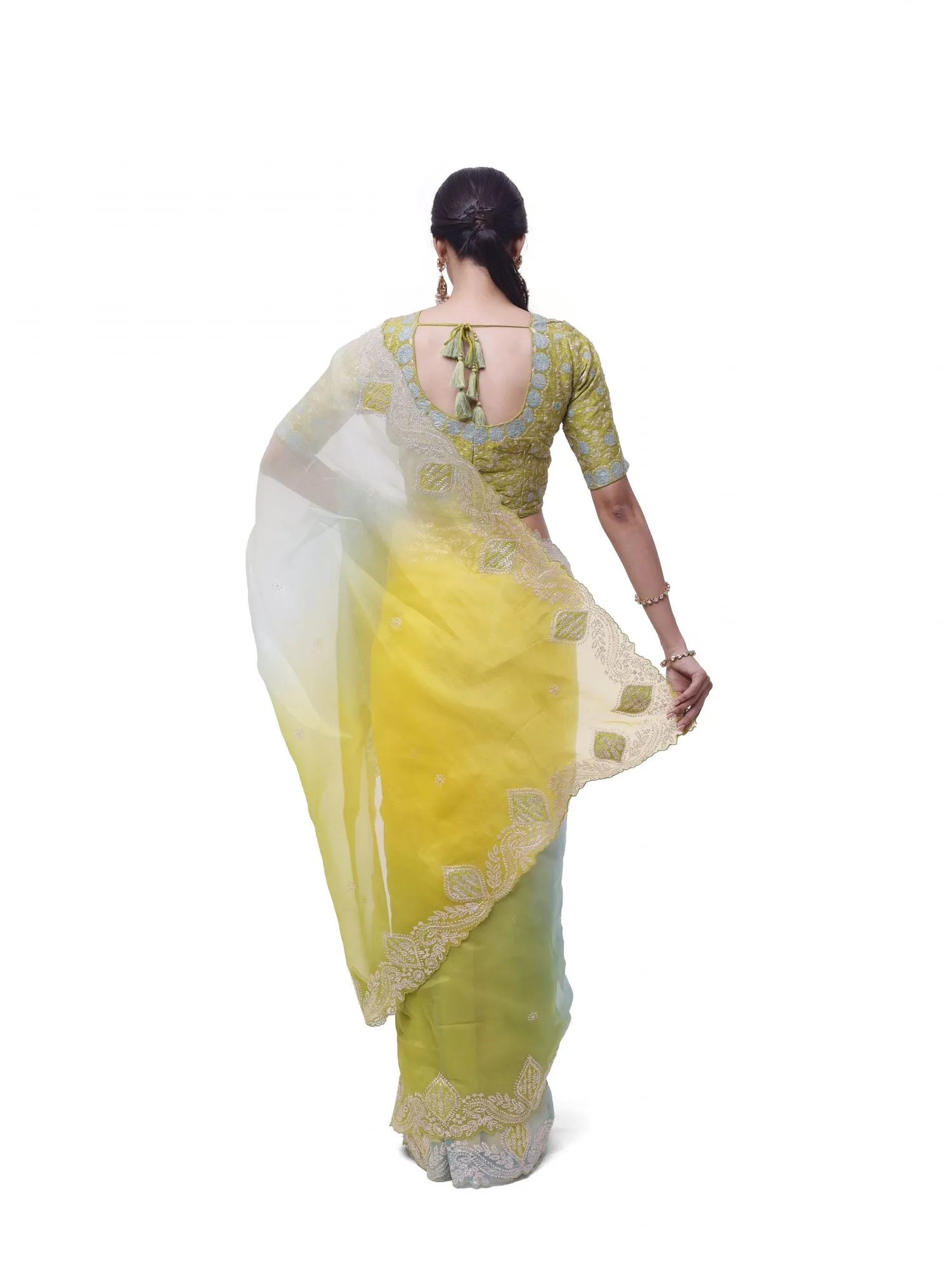 90Z994-RO Green Aqua Embroidered Organza Saree with Blouse