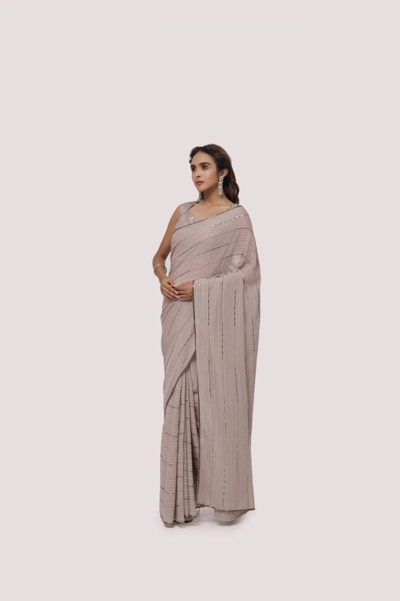 90Z995-RO Grey Embroidered Chikan Saree with Raw Silk Blouse