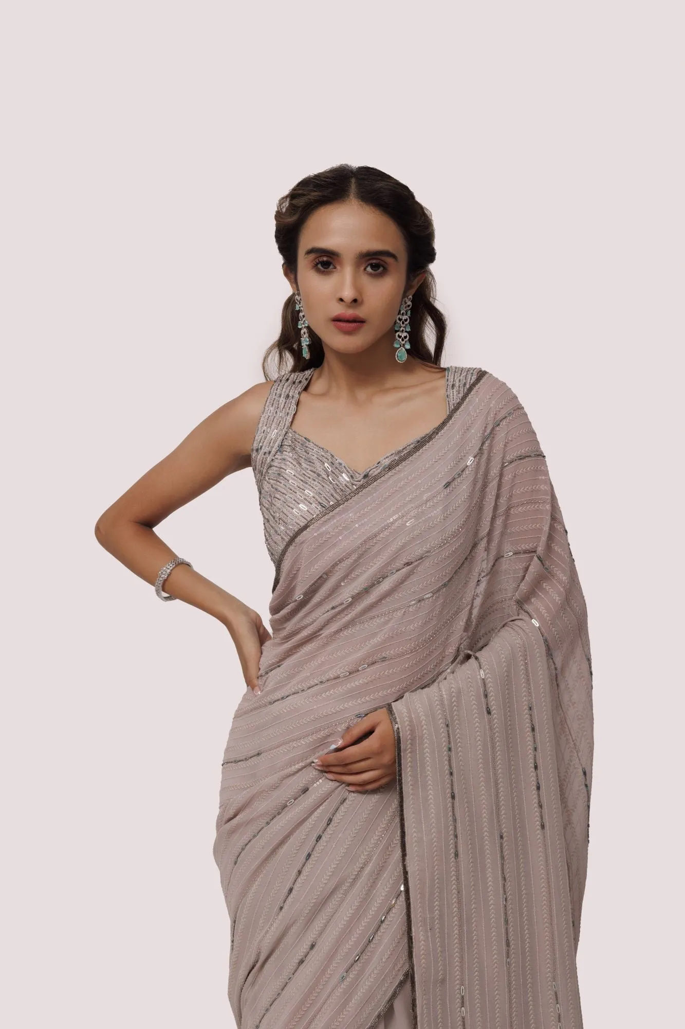 90Z995-RO Grey Embroidered Chikan Saree with Raw Silk Blouse