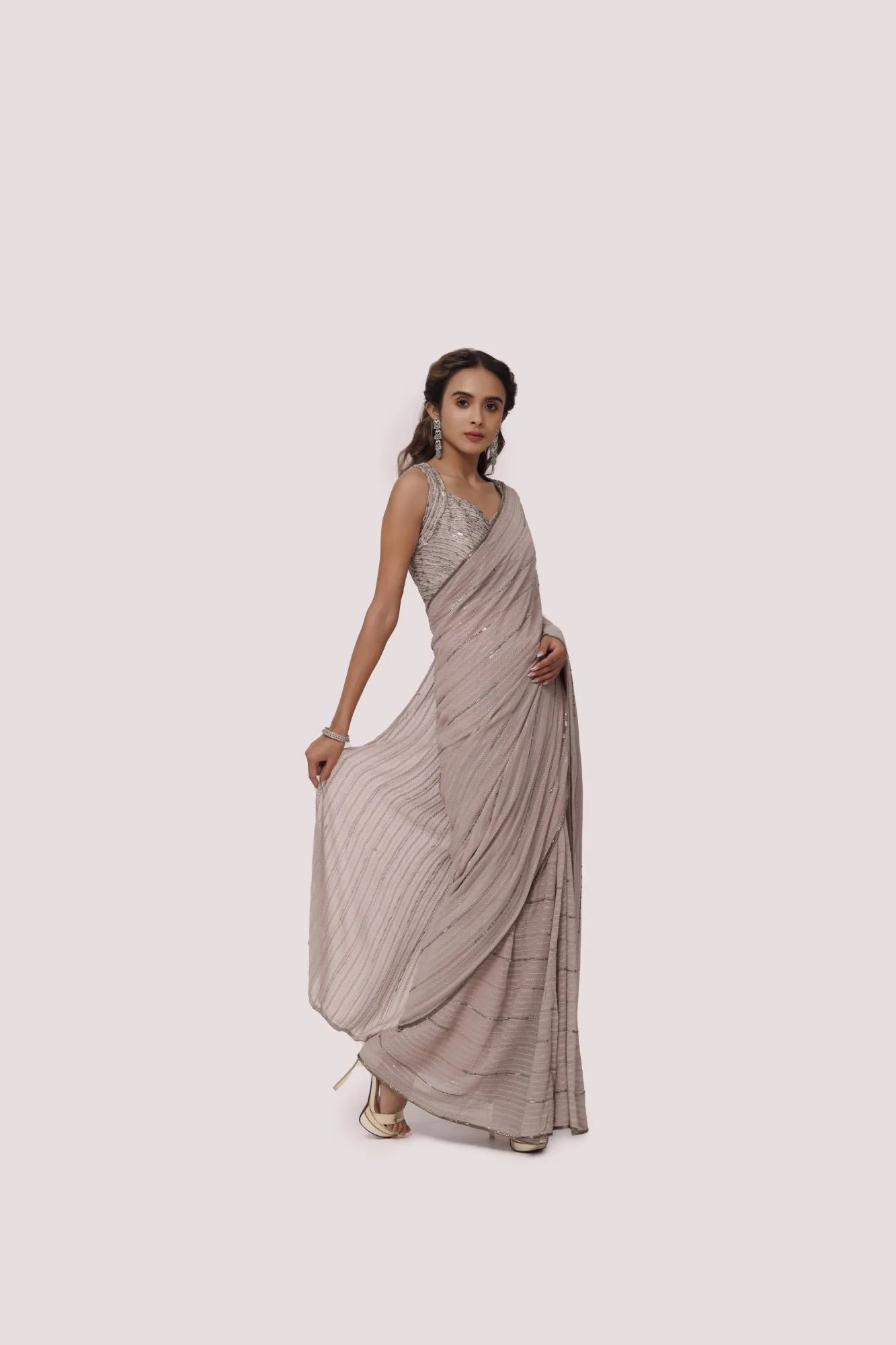 90Z995-RO Grey Embroidered Chikan Saree with Raw Silk Blouse