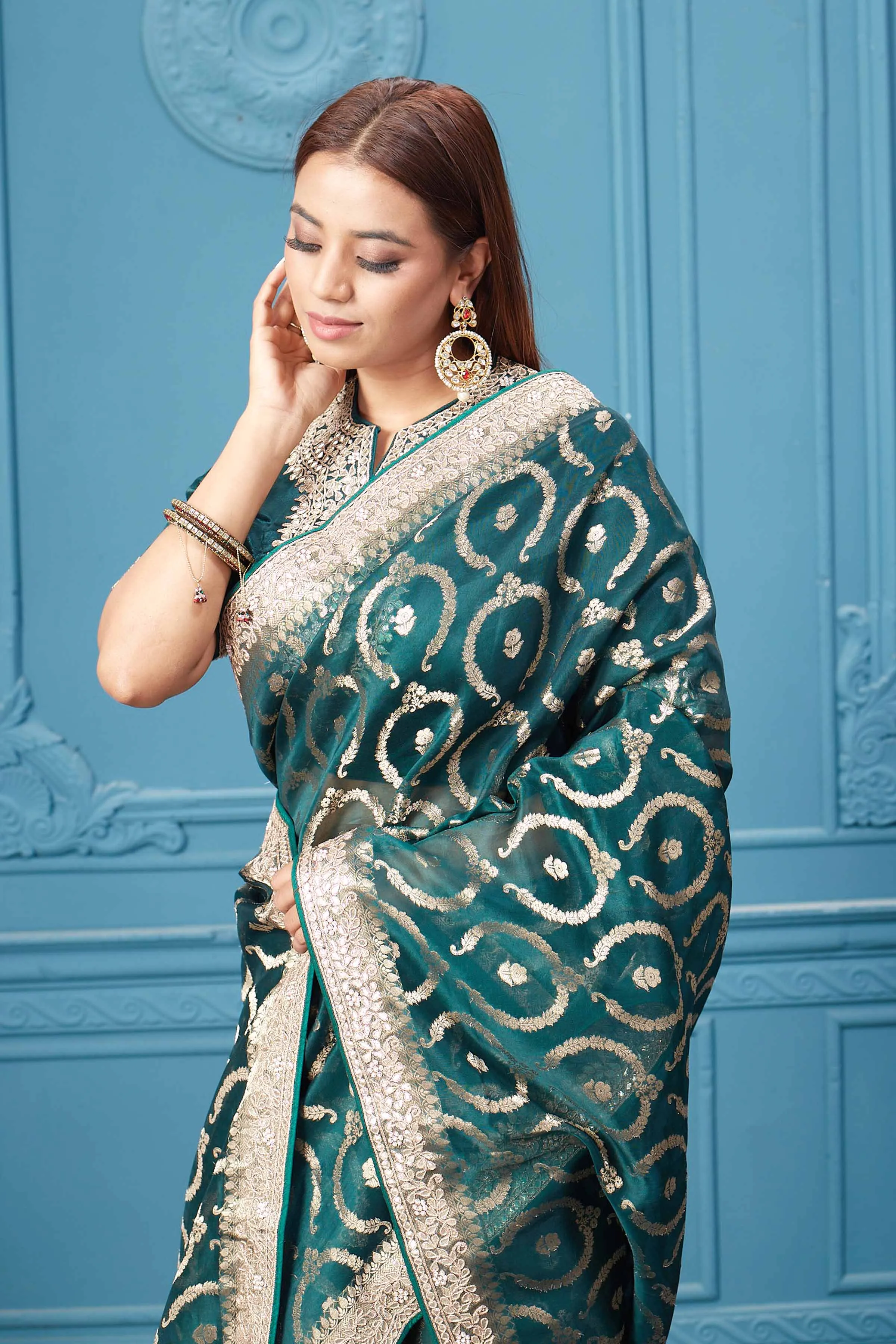 91A073 Dark Green Organza Silk Saree with Embroidered Blouse