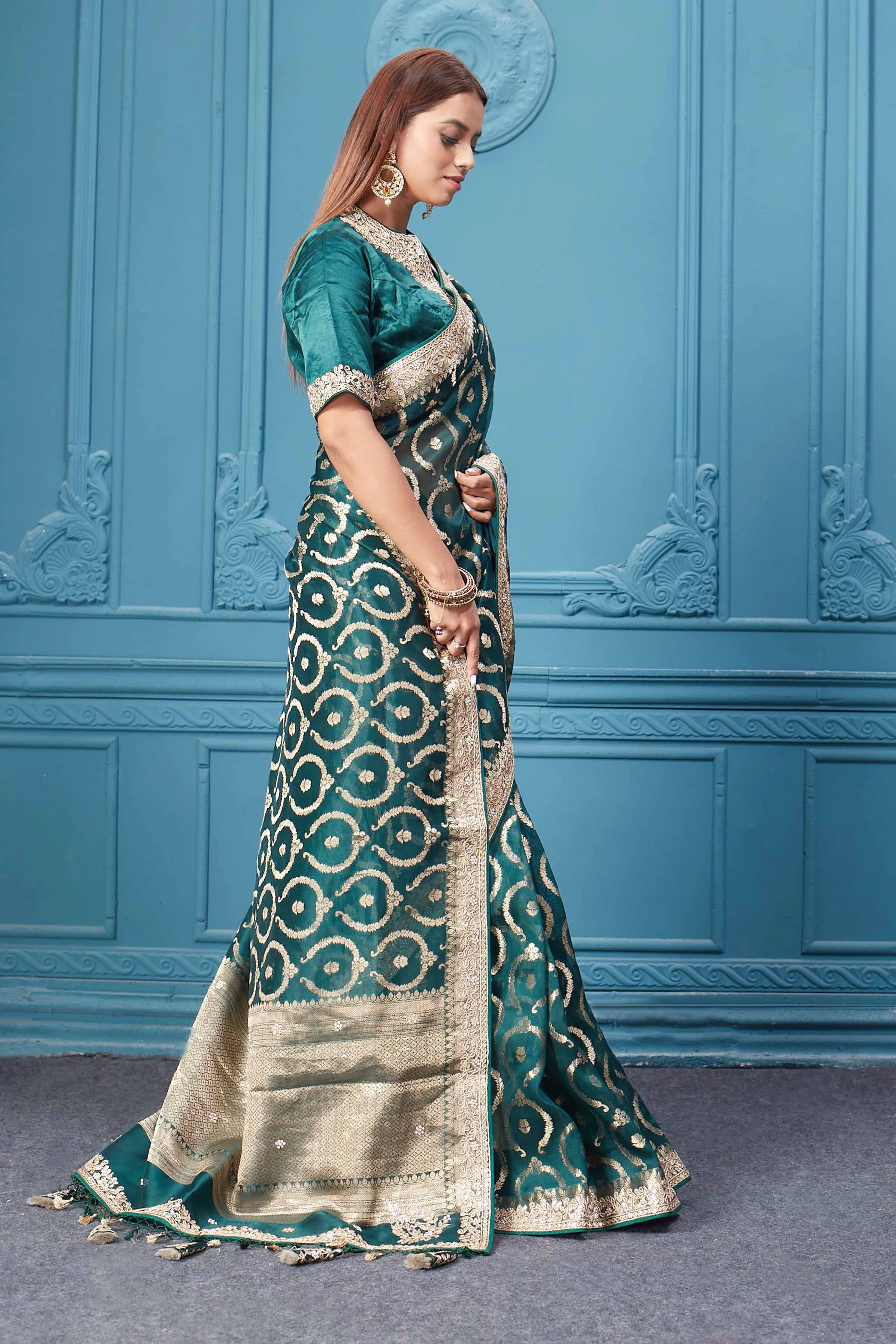 91A073 Dark Green Organza Silk Saree with Embroidered Blouse