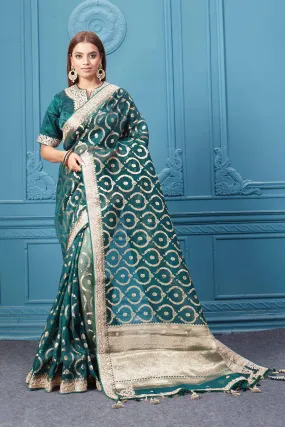 91A073 Dark Green Organza Silk Saree with Embroidered Blouse