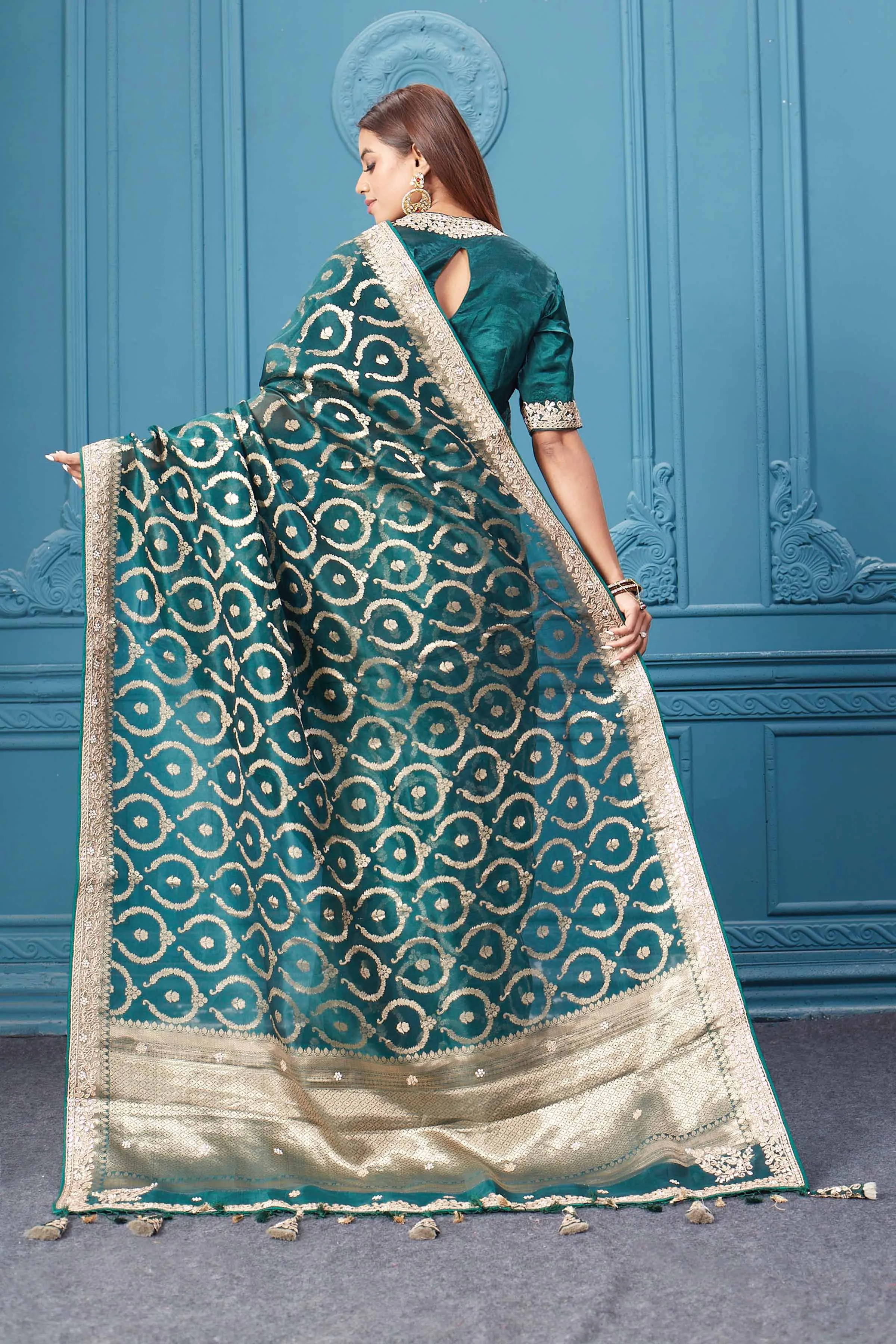 91A073 Dark Green Organza Silk Saree with Embroidered Blouse