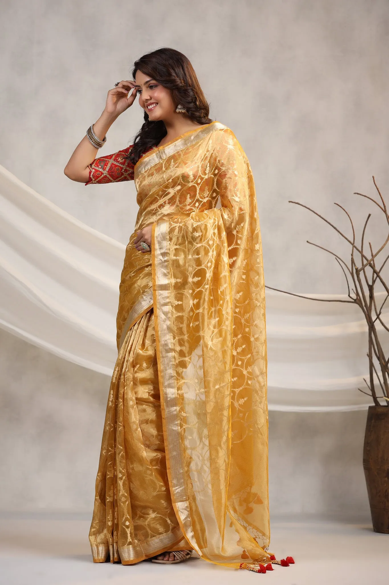 91Z196-RO Yellow Silk Organza Saree with Red Saree Blouse