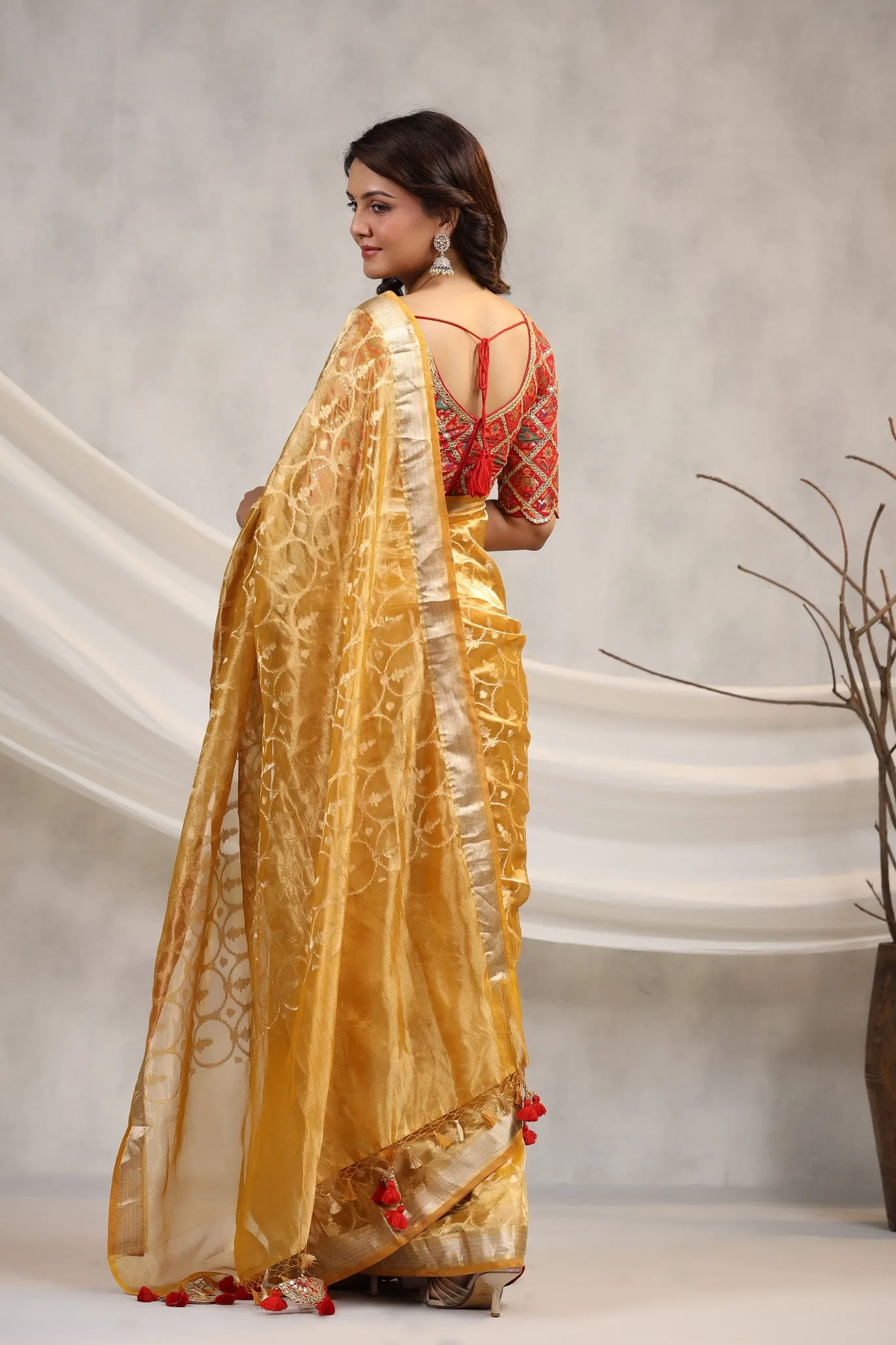 91Z196-RO Yellow Silk Organza Saree with Red Saree Blouse