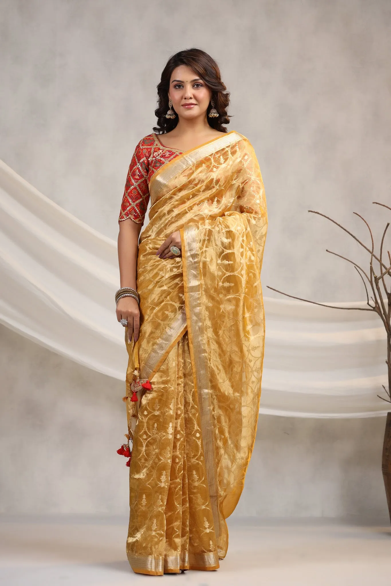 91Z196-RO Yellow Silk Organza Saree with Red Saree Blouse