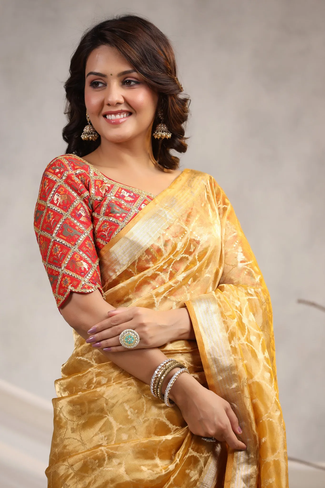 91Z196-RO Yellow Silk Organza Saree with Red Saree Blouse