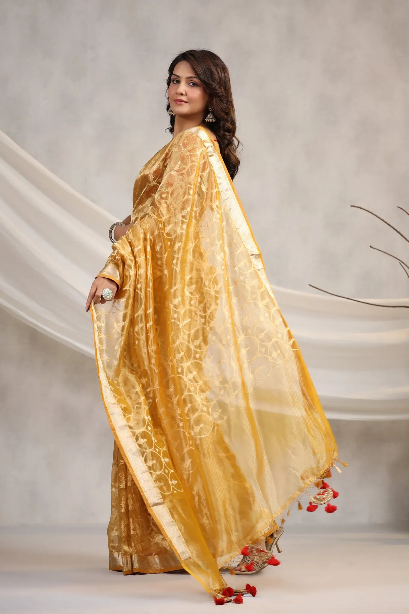 91Z196-RO Yellow Silk Organza Saree with Red Saree Blouse