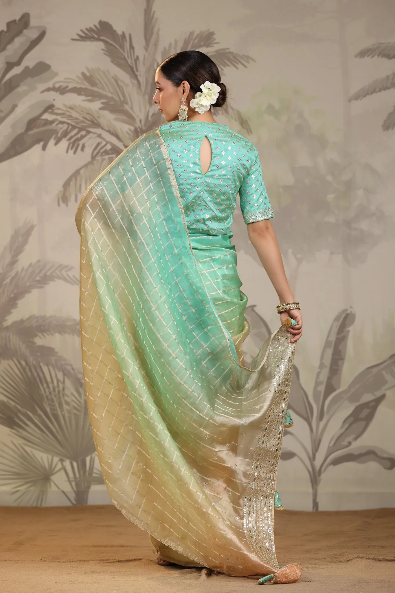 91Z237-RO Peach and Green Embroidered Tissue Silk Sari with Blouse