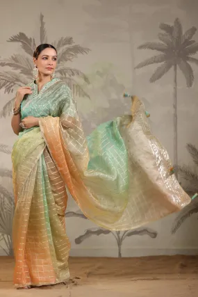 91Z237-RO Peach and Green Embroidered Tissue Silk Sari with Blouse