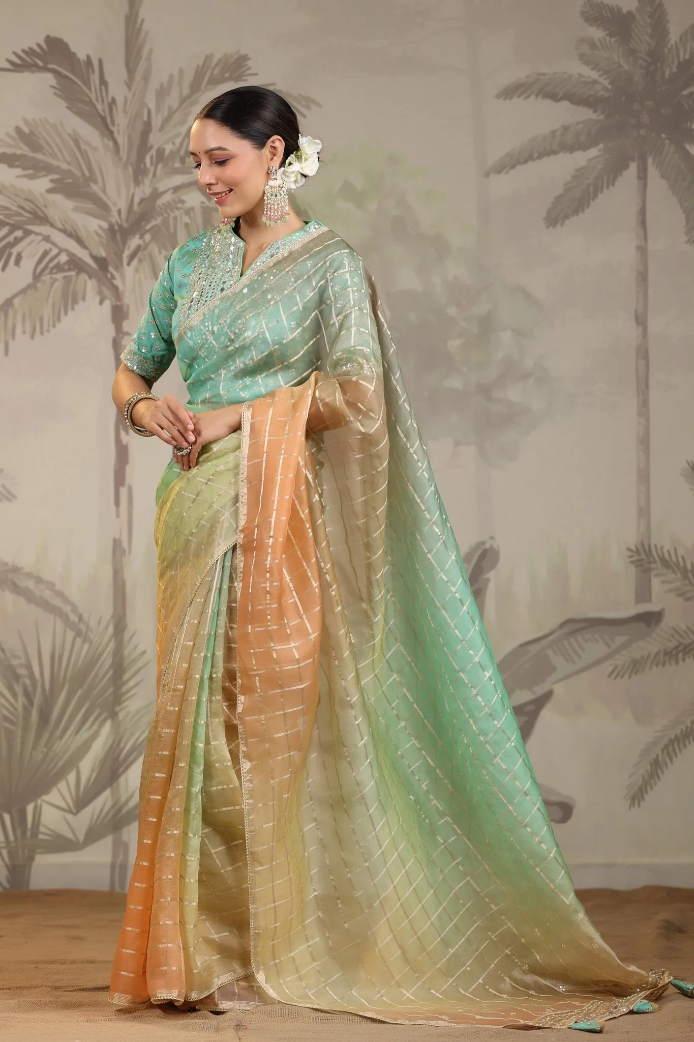 91Z237-RO Peach and Green Embroidered Tissue Silk Sari with Blouse