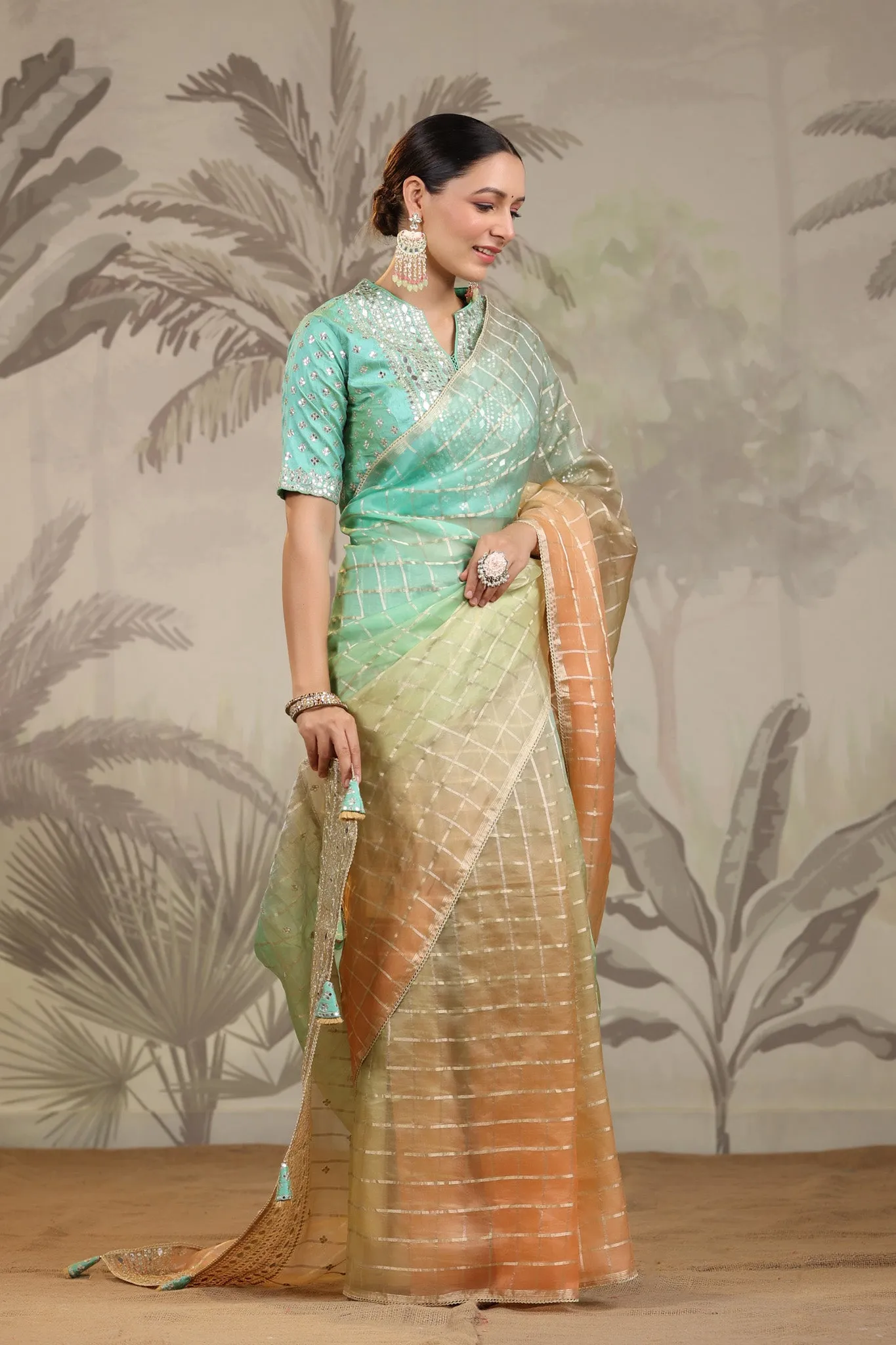 91Z237-RO Peach and Green Embroidered Tissue Silk Sari with Blouse