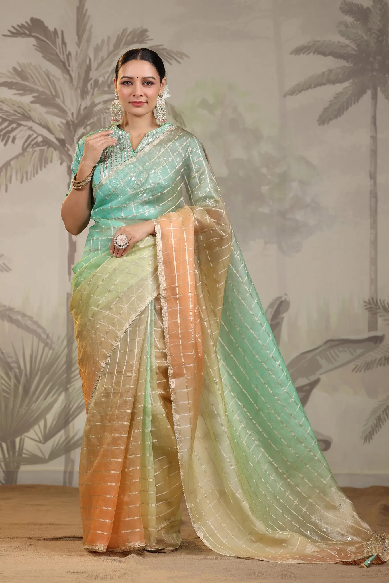 91Z237-RO Peach and Green Embroidered Tissue Silk Sari with Blouse